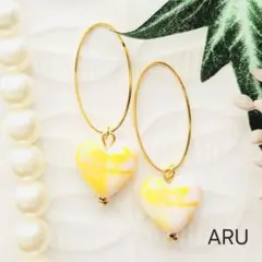 No.391★ハート☆イエロー☆マーブル☆リング☆ゆらゆら☆ピアス☆イヤリング