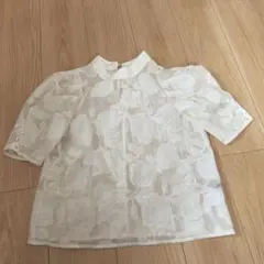 ホワイト 花柄 シアー半袖シャツ