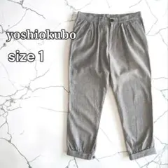 ヨシオクボ 麻 コットン混 グレンチェック クロップパンツ サイズ1 グレーのサムネイル