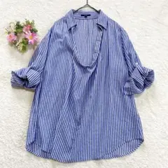 SHIPS Uネック 七分袖 ロールアップ スキッパー ブラウス シャツ (M)