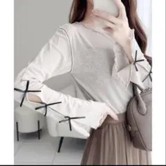 【新品タグ付き】袖リボンスラブシアージャガードプルオーバー ピンクベージュ