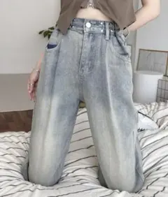 ウエスト ホックで華奢見え！ハイウエストワイドストレートデニムパンツ