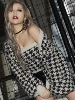 EGOIST 千鳥柄ニットカーディガン＆ベアニットトップスセット （BEIGE）