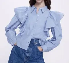 ストライプ フリル付き長袖シャツ