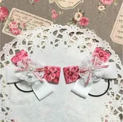 パール グログランリボン  ヘアゴム  ♡ローズ♡