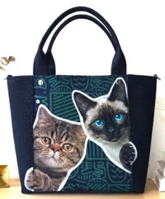 猫　ねこ　仲良くひょっこり猫ちゃん　デニムトートバッグ