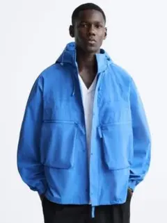 ZARAフードテクニカルジャケット撥水防風ブルー青