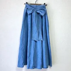 【レトロガール】ロングフレアスカート　デニム　リボン　ウエストゴム　Aライン 青