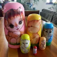 ✾猫デザイン✾木製マトリョーシカ✾６個セット✾新品のサムネイル