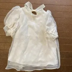 ピンクベージュ透け感 パフスリーブブラウス