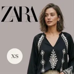 新品✨ZARA 刺繍入り長袖ブラウス ブラック XS