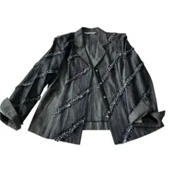 カジュアルテーラードジャケット　フリンジ装飾　刺繍入り　Lサイズ　グレーネイビー