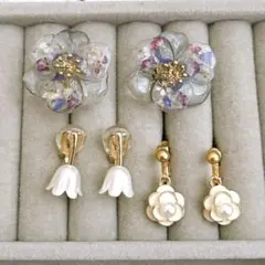 ハンドメイド　レジン　サージカルステンレス　イヤリング　アクセサリー　お花　白