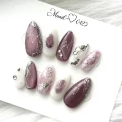 マグネットマーブルニュアンスネイル成人式ネイルミラーネイルうすパープル