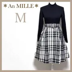 アンミール ハイネック ベルト チェック柄ドッキングワンピース フレアワンピース