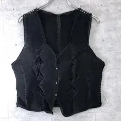 レトロ ボヘミアン ウエスタン 古着 鍵編みニット パッチワーク レザー ベスト