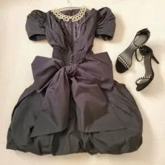 Sov. ソブ パール襟付き ウエストリボン 黒 バルーンドレス ワンピース