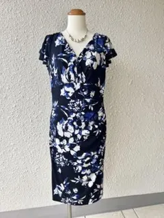 ローレンラルフローレン　ストレッチワンピース　花　袖フリル　ネイビー　サイズ10