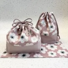 【A60】大きめお弁当袋&コップ袋・ランチョンマット　ピンク花柄✖️くすみピンク