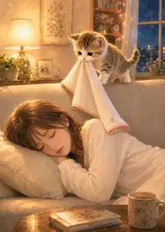 【一点物】ぼくがかけてあげる｜子猫と眠る女性 癒しのイラスト