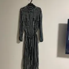 ZARA WOMAN 緑チェック柄シャツワンピース Lサイズ