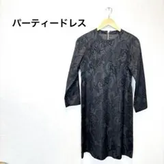 結婚式　ドレス　フォーマル　黒　長袖　ワンピース　ミセス　膝丈　総柄