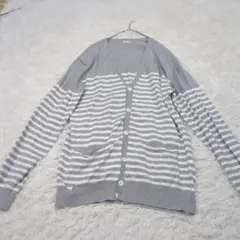 ジーユー Vネックカーディガン ボーダー グレー ホワイト M 長袖 コットン