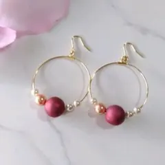 ☆コットンパール×スワロフスキークリスタルパール☆フープピアス(ボルドー系)