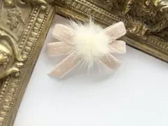 ハンドメイド　ベルベット　ピンクのリボンミンクファー ヘアクリップ