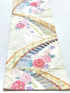 【高級袋帯】正絹　純金二重箔　六通柄袋帯　金銀糸　乳白色　牡丹扇柄　逸品