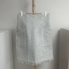 【値下げマイストラーダMystrada】タイトミニスカート白ツイード柄　フリンジ