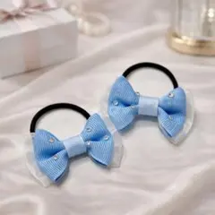 ラインストーンリボン　ヘアゴム　ブルー　卒園　入園　発表会　プリンセス