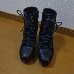 黑色綁帶靴 粗跟 24.5cm LL