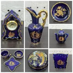リモージュ】フランス製陶器 ロイヤルブルー 22K 金彩 貴族絵柄 5点
