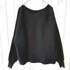 ヘルシーカレン ボリューム袖 ニット M ブラック ボートネック　横リブのサムネイル