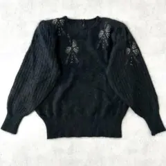 シャギーニット リボン装飾 黒 ブラック ニット セーター フェミニン 刺繍
