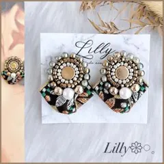 #628インド刺繍リボン/ゴールド/小ぶり/パール/ハンドメイドピアスイヤリング