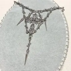 有刺鉄線風チェーンゴシックバロッククロス十字架ロザリオネックレス シルバーカラー