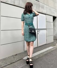 レディアゼル/REDYAZEL チェックジャガードニットポロワンピース グリーン