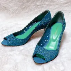 【美品】Sergio Rossi オープントゥ パンプス 36 23cm ブルーのサムネイル