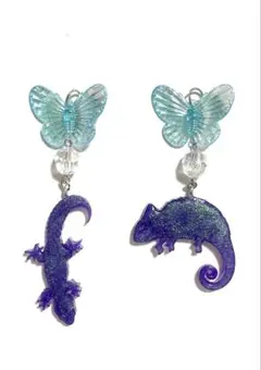 ハンドメイド 蝶々と爬虫類 ピアス イヤリング ノンホールピアス