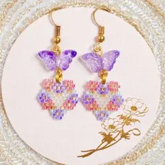 【ピアス/イヤリング】ピアス バタフライ 蝶々 花 春 ピンク&パープル