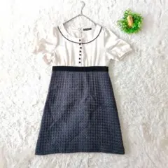 CLEARIMPRESSION　ベージュ黒ツイード切替半袖ワンピース　2　異素材