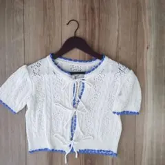 リボンニット カーディガン ケーブル編み ホワイト×ブルー クロップド丈 韓国