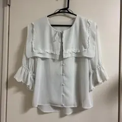 ホワイト フリル襟 セーラー襟　五分袖ブラウス