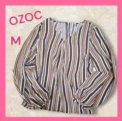 未使用 オゾック ストライプ ブラウス 長袖 M Vネック ブラウン 総柄