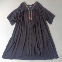 チチカカ 刺繍 ギャザー チュニックワンピース レーヨン 半袖 ブラック Fのサムネイル