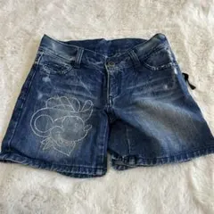 D24 ダークデニム ミッキー 刺繍 ショートパンツ