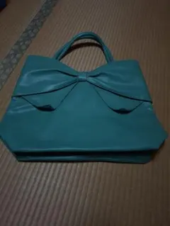 ターコイズ リボン付き トートバッグ大きめ　38✕38✕17cm