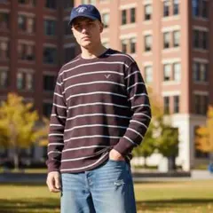 USA古着AmericanEagleロングTシャツワッフルボーダーバーガンディL